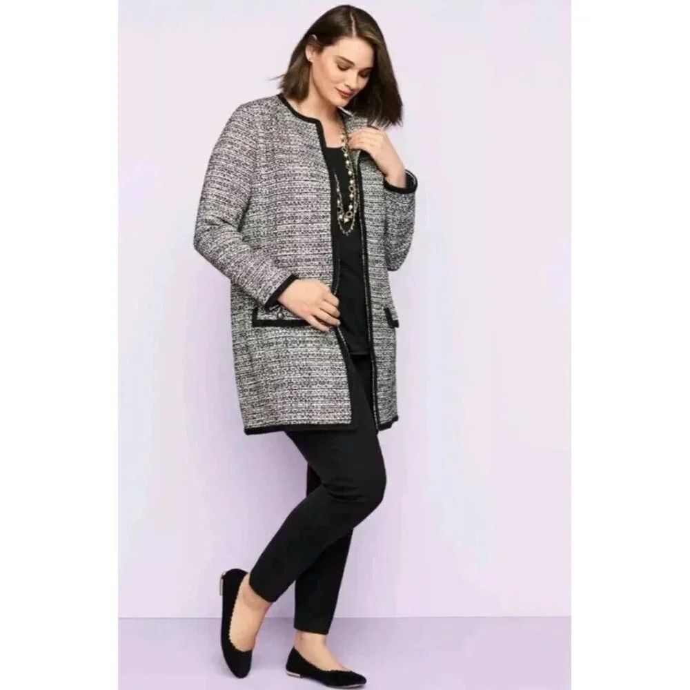 Talbots Tweed Long Blazer Coat Black White Pockets Buttons Size XS Workwear